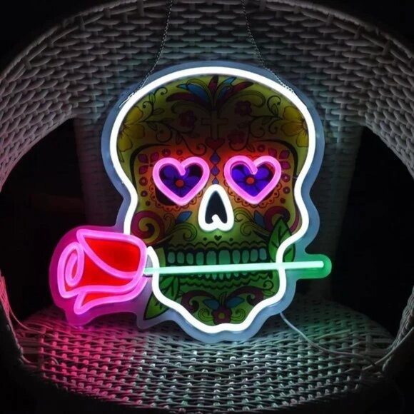 Neon Skull Rose Day of Dead Calavera Hispanic Aztec Retro LED Party Cute Light - Picture 2 of 5